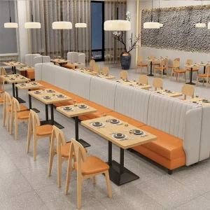 Western Themed Restaurant Furniture Table Chair Set Solid Wood and Leather 2-4 Seat Booth Sofa Orange Durable Eco Friendly
