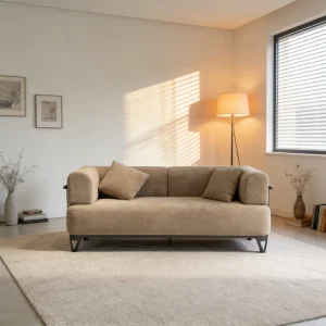 Wheeled Movable Light Khaki Velvet Upholstered Sectional Sofa Modern Minimalist Compact Couch Metal Frame Handles School Park