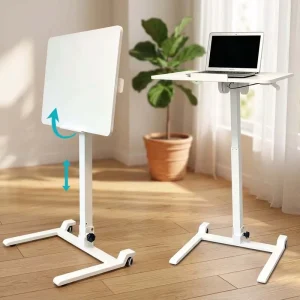 Wheeled Sit Stand Laptop Desk Fully Foldable Height Adjustable Multi Angle Tilt Tabletop Mobile Side Table for Living Room