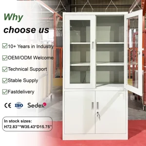 White 2 Glass Doors 2 Metal Doors Filing Cabinet Lockable Steel Storage Cupboard Organizer Archives for Office and Factory Study