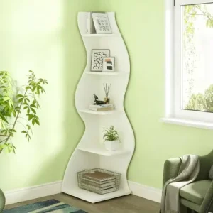 White 5 Tier Wavy Corner Bookshelf Adjustable Storage Plant Stand for Living Room Bedroom Office