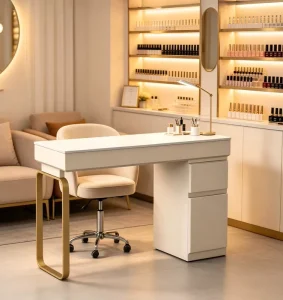White & Beige Nail Salon Manicure Table with Drawers Customizable Nail Art Workstation