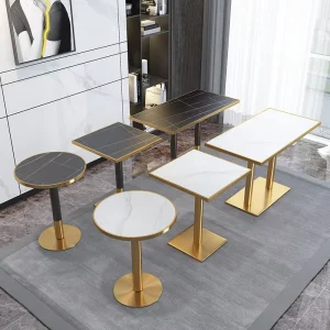 White Black Marble Stone Dining Table Golden Stainless Steel Metal Edge Base for Bistro Bar Coffee Shop Restaurants Outdoor Use