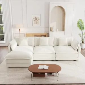 White Chenille L Shaped Modular Sectional Sofa with Reversible Ottoman for Living Room Home Theater