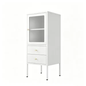 White Clear Glass Door Metal Office Cabinet with 2 Drawers