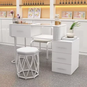White Cream Style Nail Table With Storage Cabinet Multifunctional Wooden Manicure Desk for Nail Technicians and Salons