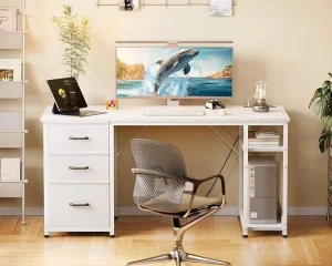 White Desk With Storage Drawers Metal Frame Office Writing Table For Home