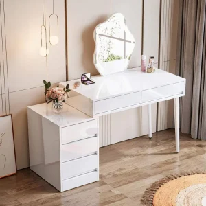 White Desk with Drawers Modern Home Office Computer Desk Reversible Vanity Desk