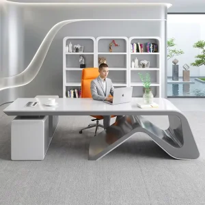 White Executive Office Desk Modern Design Chair Set for Boss or CEO Luxury Workstation