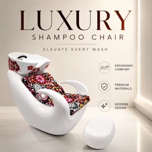 White Fiberglass Salon Shampoo Backwash Unit with Pattern Upholstery Ceramic Basin and Footstool
