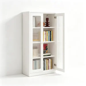 White Fluted Glass Double Door Bookcase Floor Standing Display Storage Bookshelf Cabinet for Indoor Living Study