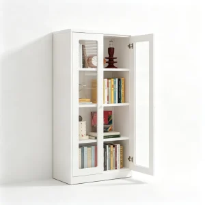 White Glass Door Bookcase Dustproof Iron Bookshelf Storage Cabinet Living Room Home Display Rack