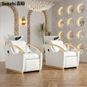 White Gold Salon Shampoo Chairs Station Salon Hair Wash Chairs Barber Shop PU Leather Shampoo Bed with Ceramic Bowl