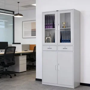 White Gray 2Door Steel Office Storage Cabinet with Glass Front and Drawers Minimalist Design File Locker for Living Office Space