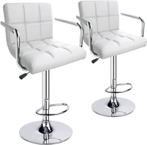 White Leather Bar Stools Set of 2 Modern Adjustable Counter Full White Leather Bar Stools for Kitchen With Armrest and Backrest