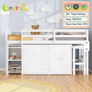 White Low Loft Bed with Pull-Out Desk, Drawers and Cabinet Shelves for Children’s Bedroom or Living Room