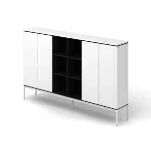 White MDF Modern Light Luxury Tall Filing Cabinet Handleless Push Open Office Storage Black Central Open Grid Home Office Hotel