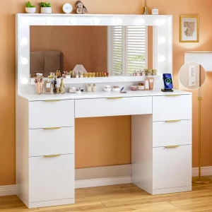 White Makeup Vanity Desk with Mirror Light Glass Top Storage Drawers Large Tempered Cabinet Bedroom Dressing Table Set