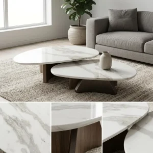 White Marble Nesting Coffee Table Set Organic Pebble Shape Black Base Luxury Modern Living Room Furniture