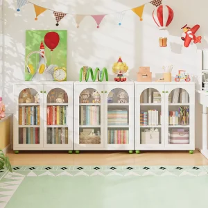 White Metal Bookshelf with Glass Door for Dust proof Display