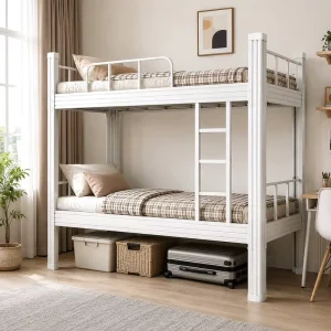 White Metal Bunk Bed Factory Custom OEM ODM Steel Double Decker Bed for Dormitory Hostel Apartment School Bedroom Project