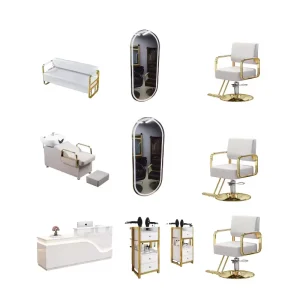 White Minimalist Style Barber Chair Shampoo Bed Salon Mirror and Barber Cabinet Salon Set