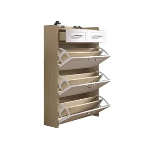 White Oak Color Shoe Cabinet with 3 Doors 2 Drawers PVC Door with Shape Large Space for Storage