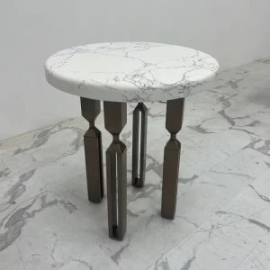 White Quartz Stone Top Side Table with 304# Stainless Steel Legs PVD Plated for Bedroom Dining Hotel and Living Room Use