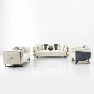 White Salon Couch Upholstered Velvet Fabric Sofa With Golden Stainless Steel Decor for Villa Living Room Guesthouse Furniture