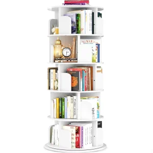White Solid Wooden Modern Revolving Library Bookcase 5 Tier 360 Display Spinning Corner Bookshelf for Living Room School Hotel