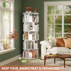 White Solid Wooden Modern Revolving Library Bookcase 5 Tier 360 Display Spinning Corner Bookshelf for Living Room School Hotel