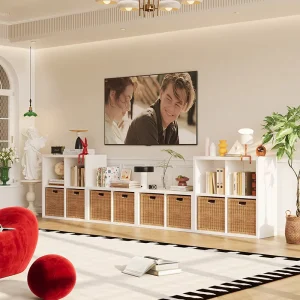 White Steel Modular TV Cabinet with Adjustable Partitions for Books Decor and Electronics