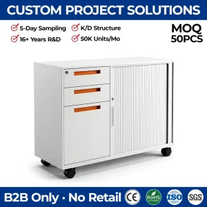White Steel Office Sideboard with Orange Handle Rolling Shutter Cabinet and Lateral File Cabinet Combination for Home Office