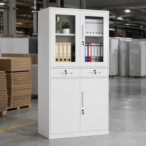 White Steel Office Storage Cabinet Glass Door Filing Cabinet with Drawers Lockable Metal Bookcase for Document Storage Room