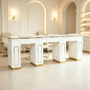 White Stone Marble Table Top European Style Beauty Salon Furniture Three People Person Nail Manicure Desk