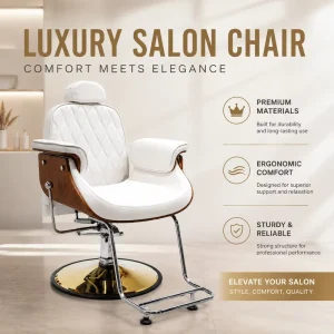 White Walnut High Back Barber Chair Hydraulic Salon Chair with Round Base Footrest and Headrest