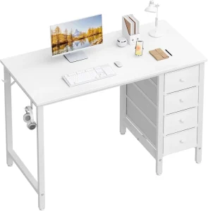 White Wood Computer Desk with Adjustable Height Drawers Storage Shelves for Study Work or Writing in Home Office or Bedroom