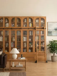 Whole Wall Vintage Log Style Bookcase Home Library Bookshelf with Ladder Light Wood Vintage Library Bookshelf Customization