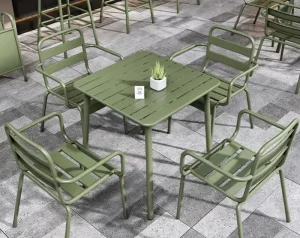 Wholesales Green Aluminum square Garden Fast Food Outdoor Furniture Table and Chair Set for Patio Commercial Coffee Shop