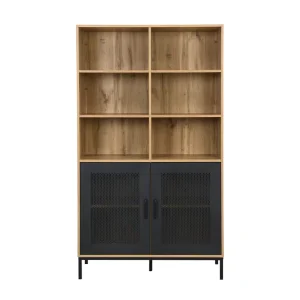 Wild Oak Color Melamine Space Saving Modern Bookshelf Display Cabinet with Metal Drawer Mesh Black Powder Coating