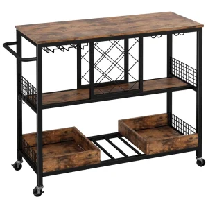 Wine Rack Table Industrial Bar Cart on Wheels Kitchen Storage Cart for the Home Wood and Metal Frame