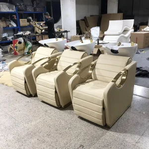Winplus Luxury Beige Washing Chair Lay Down Reclining Adjustable Barber Shop Beaury Hair Salon Shampoo Chiars with Shampoo Bowl
