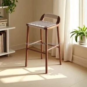 Wood Bar Stool Contemporary Retro Square Kraft Paper Rope Weaving Solid Wood Leather Commercial Use Low Back Hotel Dining