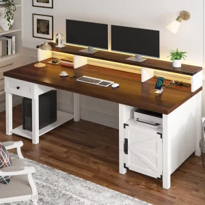 Wood Computer Desk Monitor Stand for Bedchamber Study Reversible Home Office Desks with Storage Cabinet