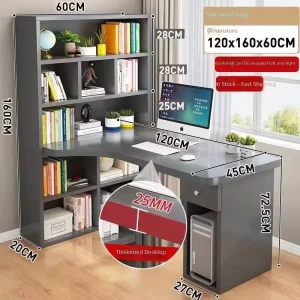 Wood Computer Desk with Corner Bookshelf Combination All in one Design Wood based Panel Surface for Home Bedroom Student Study