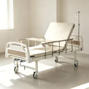 Wood Grain 2 Crank Manual Nursing Bed with Beige Mattress Dining Table Adjustable Medical Bed for Hospital