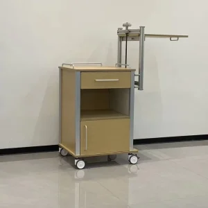Wood Grain MDF Ward Bedside Storage Cabinet Telescopic Lifting Side Table Damped Hinges Lockable Swivel Wheels