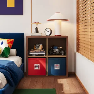 Wood Grain Steel TV Cabinet with Modular Storage Cubes for Bedroom Living Room