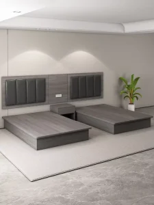 Wood Hotel Bedroom Set Minimalist Modern Design Customizable Sizes (1.2m-1.8m) Includes Bed Frame Headboard for Hotels
