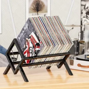 Wood Iron Vinyl Record Storage Holder Stand Folding Rack with Divider Support Bar for 80-100 LP Records